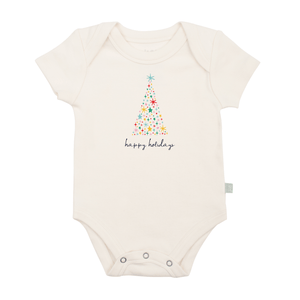 Happy Holidays tree graphic bodysuit for babies - short sleeve design, perfect for festive celebrations.