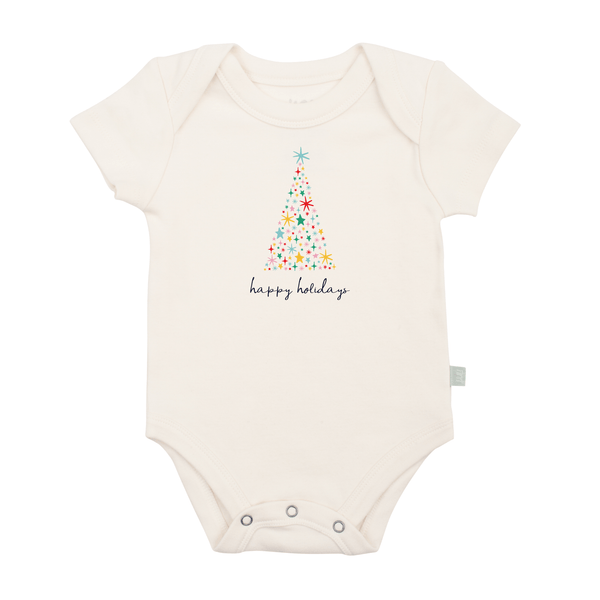 Happy Holidays tree graphic bodysuit for babies - short sleeve design, perfect for festive celebrations.