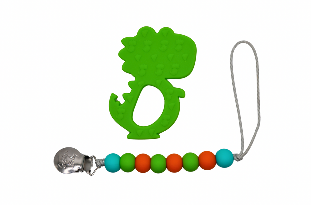 Dinosaur Teether Set for babies, featuring colorful, safe, and chewable dinosaur shapes for soothing gums.