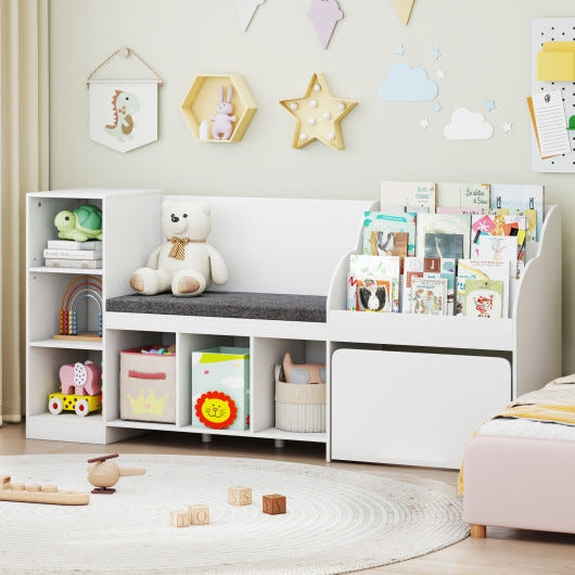 Kids Bookcase with Reading Nook 4-in-1 Toy Organizer in White - Perfect storage solution for children's books and toys.
