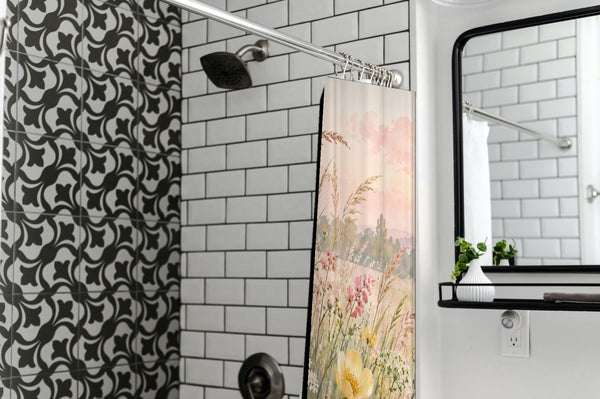 Golden Sunset Wildflowers shower curtain in a modern farmhouse bathroom with subway tile
