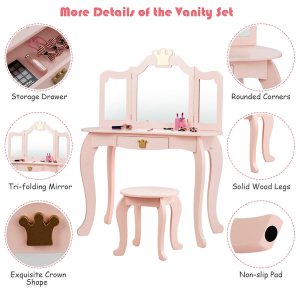 Kids makeup dressing table with tri-folding mirror and stool, perfect for imaginative play. Angle 7 view.