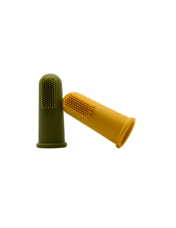 Mustard and army green finger toothbrushes for babies, promoting gentle oral care and hygiene.