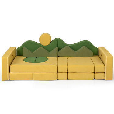 19-piece modular kids play couch designed to inspire creativity and imaginative play in babies and toddlers.
