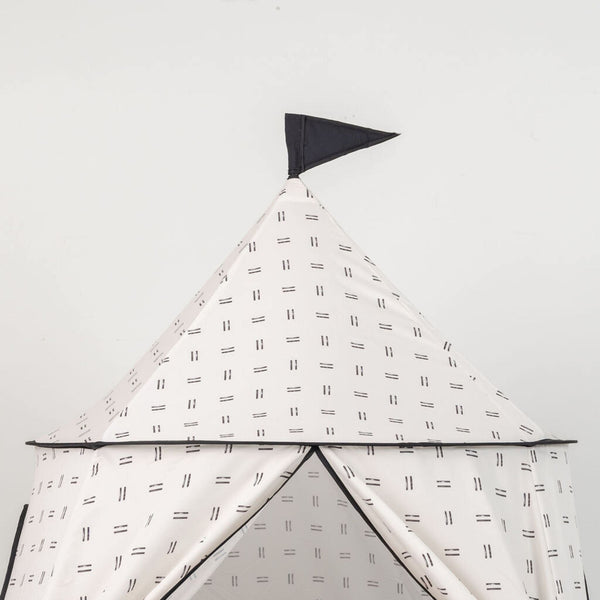 Mudcloth play tent for babies, featuring a stylish design and cozy space for imaginative play. Angle 3 view.