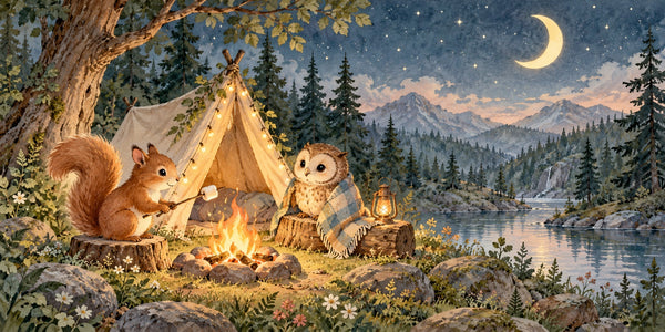 Watercolor Moonlit Forest Camp Camping Wall Mural, image 3