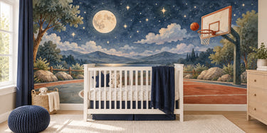 Watercolor Moonlit Court Basketball Wall Mural, image 1