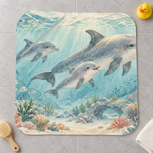 Dolphin Family Ocean kids hooded bath towel laid flat