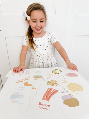 Colorful breakfast flashcards for babies, promoting early learning and sensory play. Angle 2 view.
