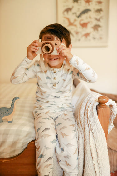 Snugglesaurus 2pc Henley Bamboo Pajamas for babies, cozy sleepsuits in sizes newborn and up.