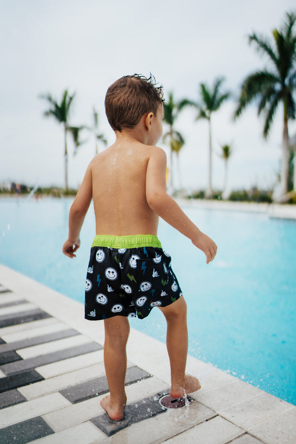 Baby Sunshine State of Mind Swim Trunks in vibrant colors, perfect for summer fun and beach days. Angle 3 view.