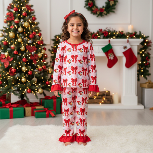 Red Santa Bows pajama set for babies, perfect for festive sleepwear and holiday celebrations.