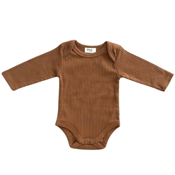 Cognac ribbed long sleeve bodysuit for babies, soft and stylish for everyday wear.