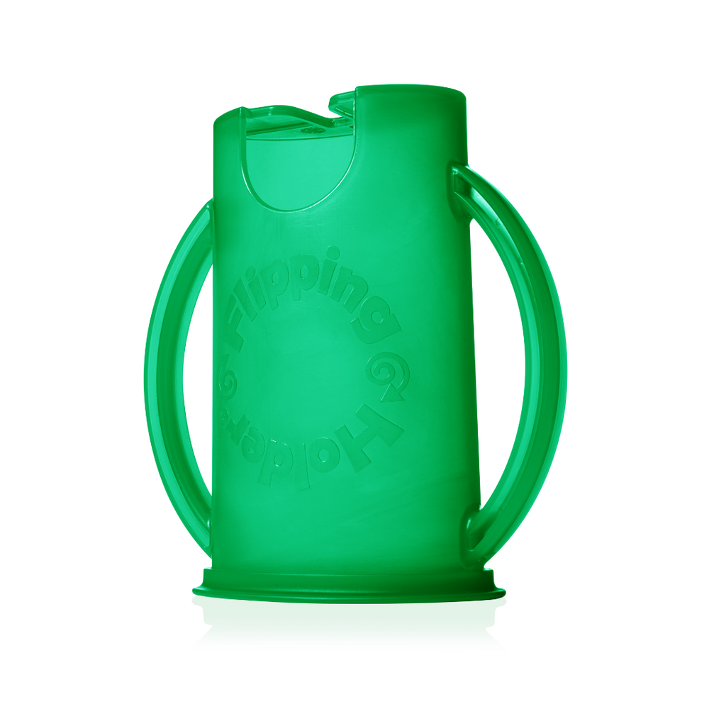 Flipping Holder DELUXE with lid in green for convenient nursing and feeding.