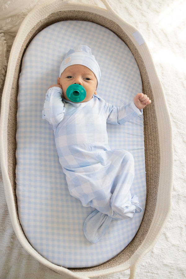 Dusty blue knotted gown set for babies, featuring a stylish design, perfect for Sunday picnics and comfortable wear.
