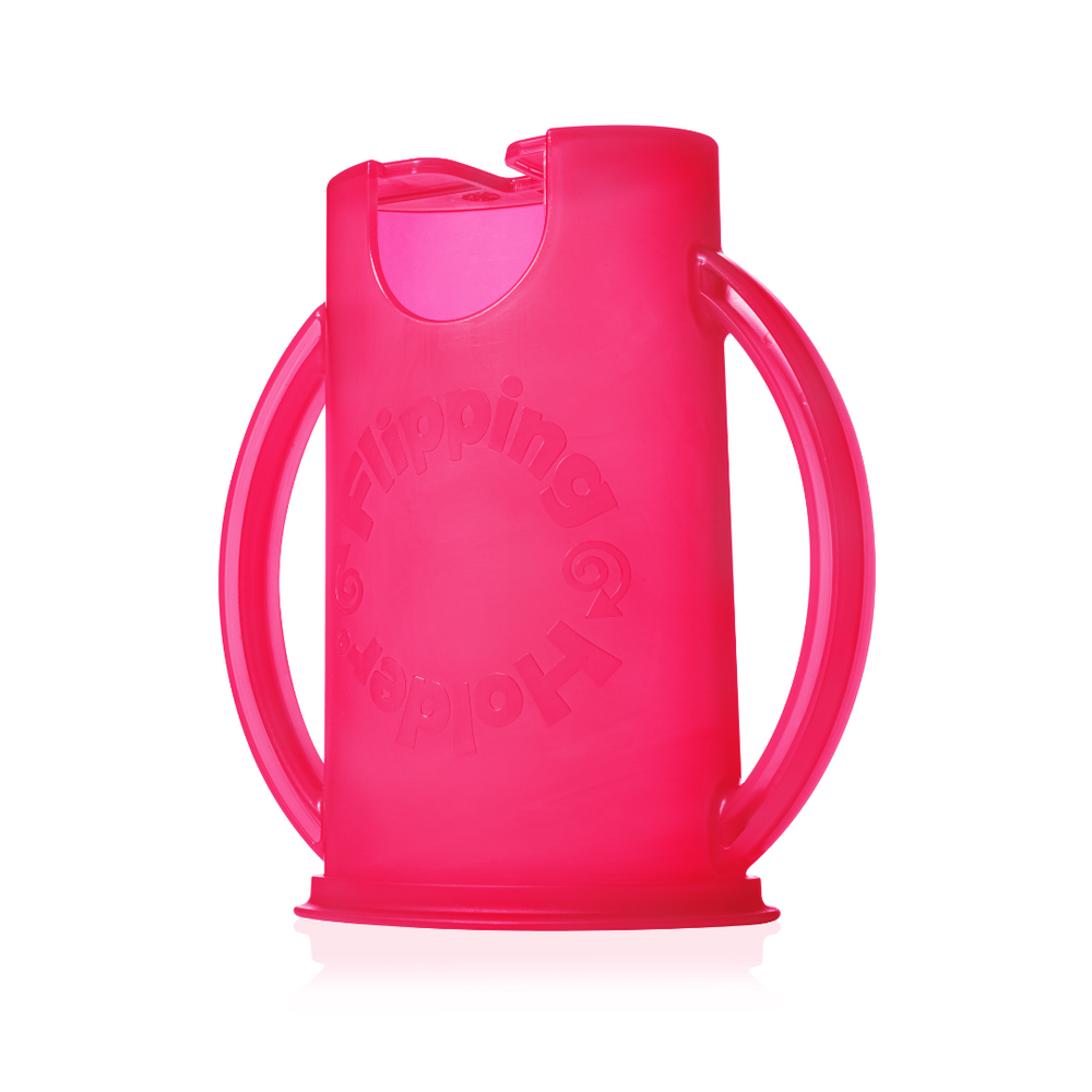 Flipping Holder DELUXE w/ LID in Pink for baby and toddler tableware, perfect for mealtime convenience.