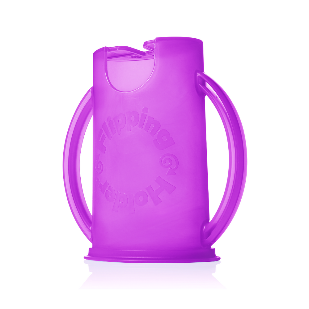 Flipping Holder DELUXE with lid in purple for baby and toddler tableware, perfect for mealtime convenience.