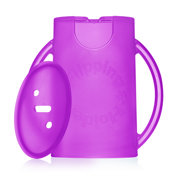 Flipping Holder DELUXE with lid in purple for baby and toddler tableware, perfect for mealtime convenience.