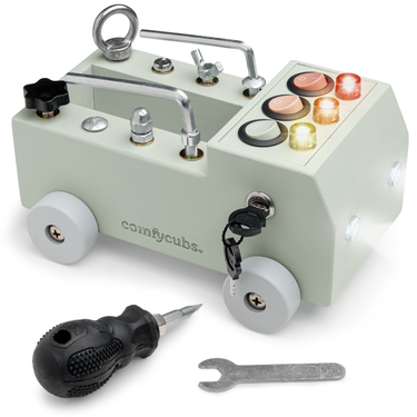 Sage Busy Board Toy Truck Set for 3+ years, perfect for early learning and sensory play.