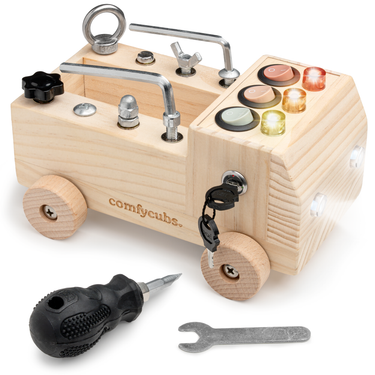 Natural wood busy board toy truck set for toddlers, promoting early learning and sensory play for ages 3 and up.