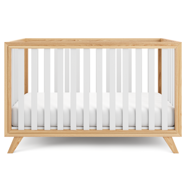 Baby Crib for 0 to 3 Years - White Bars and Natural Wood Frame and Legs