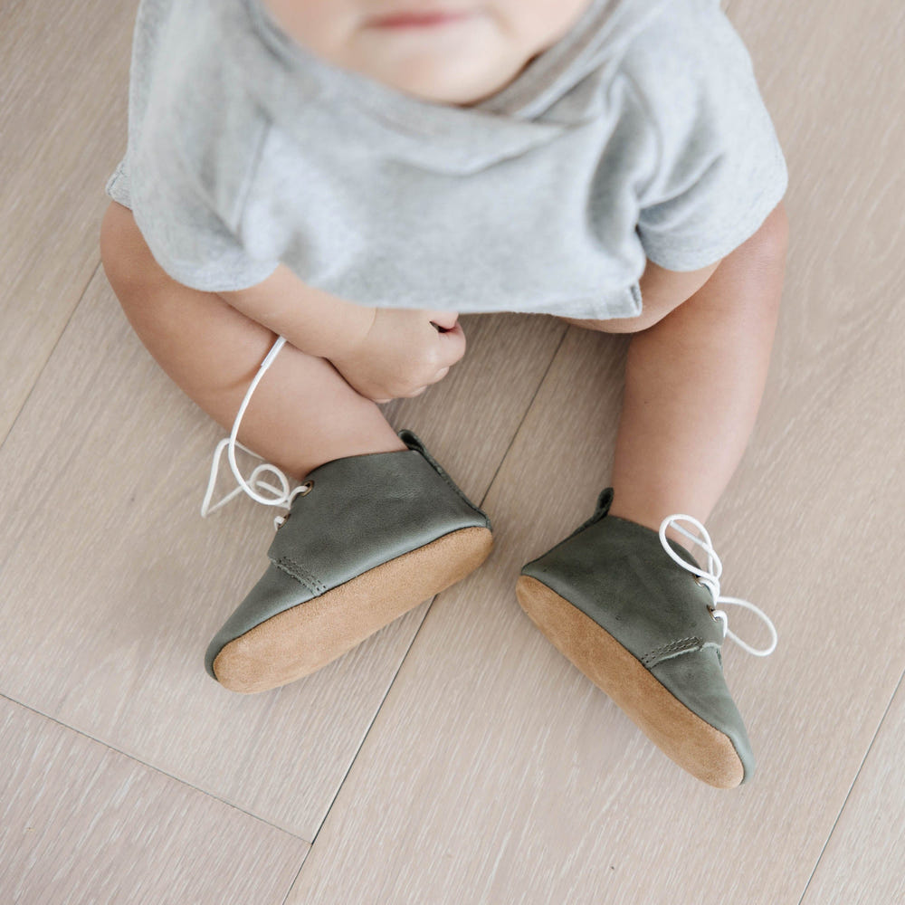 Sage Low Top Oxfords for babies with soft soles, perfect for stylish and comfortable first steps.