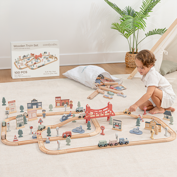 100-piece wooden train set for toddlers, perfect for imaginative play and early learning, ages 1 and up.