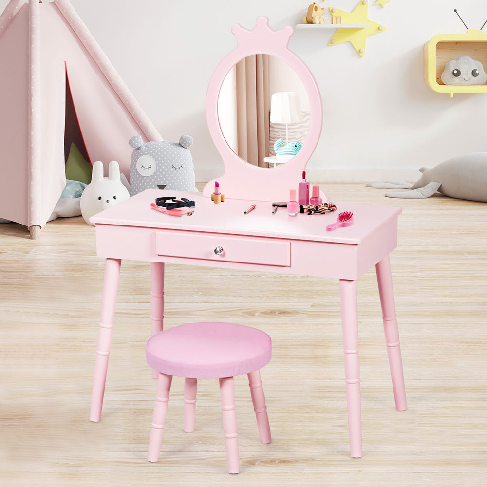 Kids vanity makeup table and chair set with stool, perfect for imaginative play and bedroom decor.