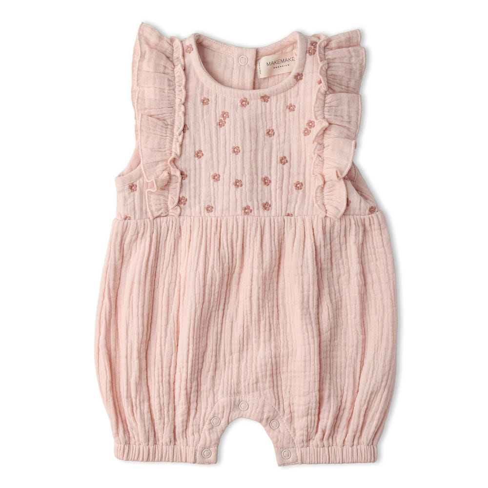 Organic Embroidered Ruffle Romper - Blush