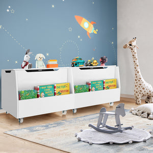 Wooden mobile toy storage organizer with bookshelf and lockable wheels, perfect for baby bedding and sleep areas.