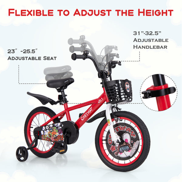 16-inch kids bike with adjustable features, storage basket, and double brake for ages 4-8, shown from angle 6.