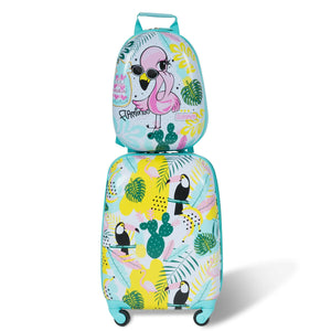 Green ABS kids suitcase set, 12-inch and 16-inch, perfect for travel, shown at angle 41. Ideal for babies and kids.