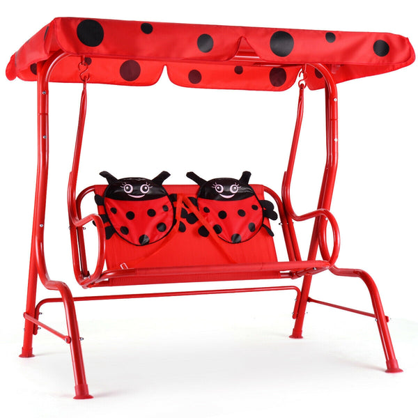Kids patio swing bench with canopy for two, perfect for outdoor fun and relaxation.