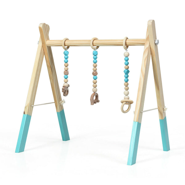 Portable wooden baby gym with teething toys, perfect for newborns, shown from angle 4.