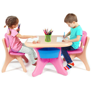 3-piece plastic children play table and chair set for indoor and outdoor use, shown at angle 4.