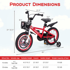 16-inch kids bike with adjustable features, storage basket, and double brake for ages 4-8, shown from angle 5.