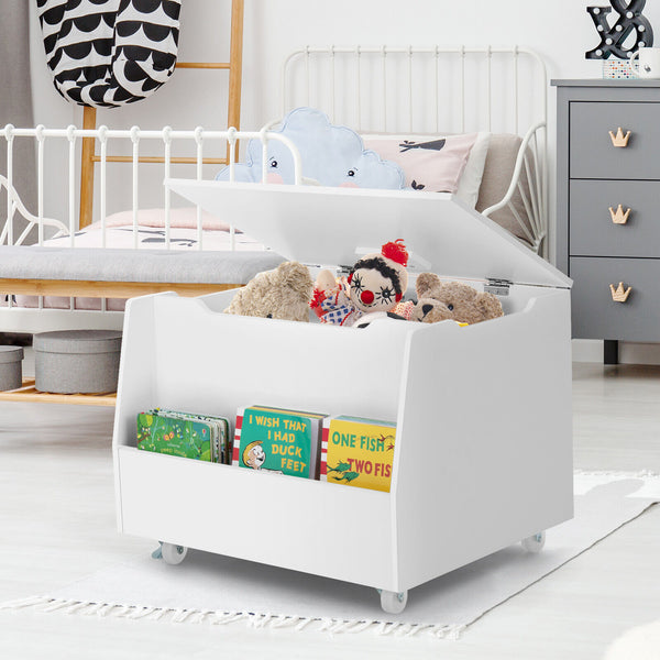 Wooden mobile toy storage organizer with bookshelf and lockable wheels, perfect for baby bedding and sleep essentials.