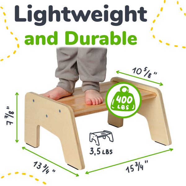 Multi-purpose wooden stool for kids, ideal for potty training and reaching kitchen or bath essentials.