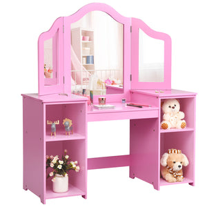 Kids tri-folding mirror makeup vanity table set for stylish playtime and dressing fun.