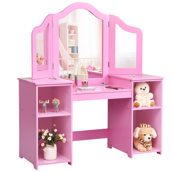 Kids tri-folding mirror makeup vanity table set for stylish playtime and dressing fun.