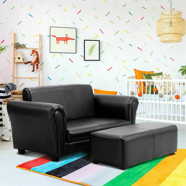Black and white kids double sofa with ottoman, perfect for playrooms and cozy seating.