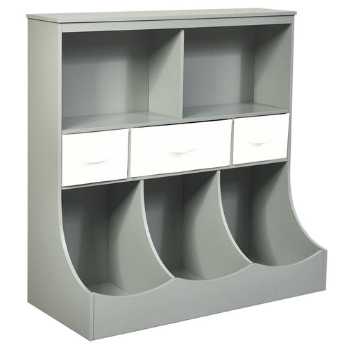 Freestanding combo cubby bin storage organizer unit with 3 baskets, perfect for baby room organization.