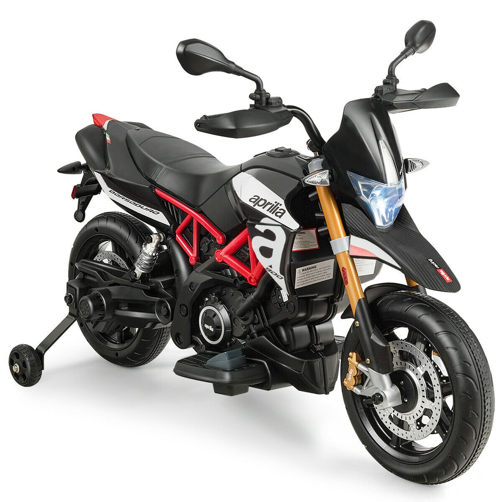 12V Kids Ride-On Aprilia Motorcycle with sounds and music, perfect for young riders. Fun and safe toy for outdoor play.