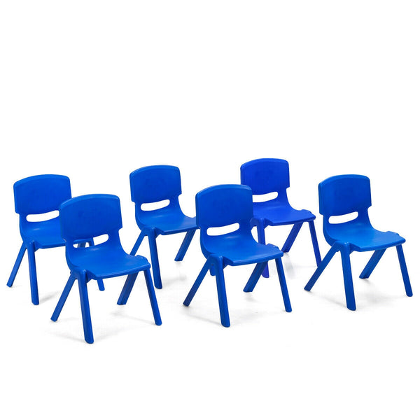 Colorful 6-pack stackable plastic chairs for kids, perfect for classrooms and playrooms.
