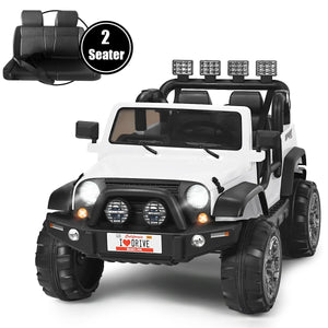12V 2-seater ride-on car truck with remote control and storage, perfect for outdoor fun and adventures for kids.