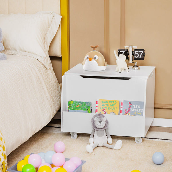 Wooden mobile toy storage organizer with bookshelf and lockable wheels for nursery bedding and sleep essentials.