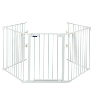 Adjustable 5-panel fireplace fence for pets, 115 inches long, shown from angle 9. Safe and stylish barrier for your home.