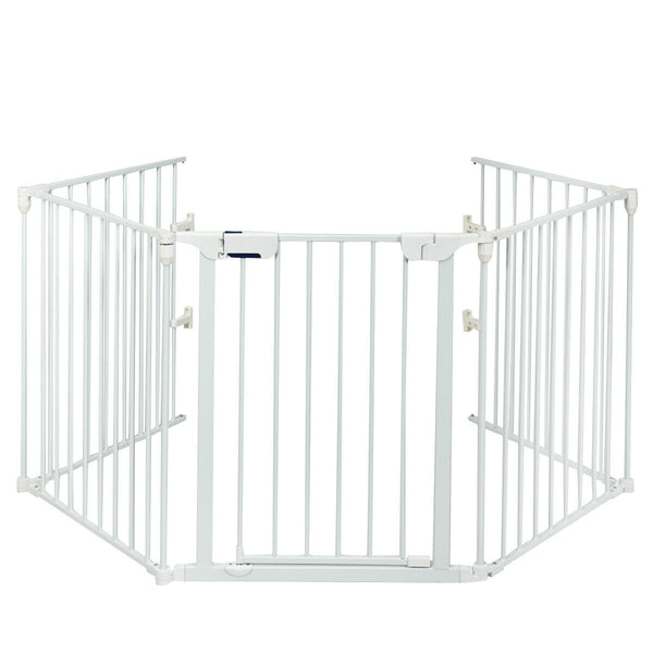 Adjustable 5-panel fireplace fence for pets, 115 inches long, shown from angle 9. Safe and stylish barrier for your home.