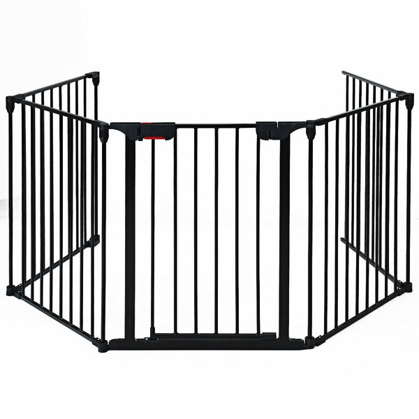 Adjustable 5-panel fireplace fence for babies and pets, 115 inches long, shown from angle 2.