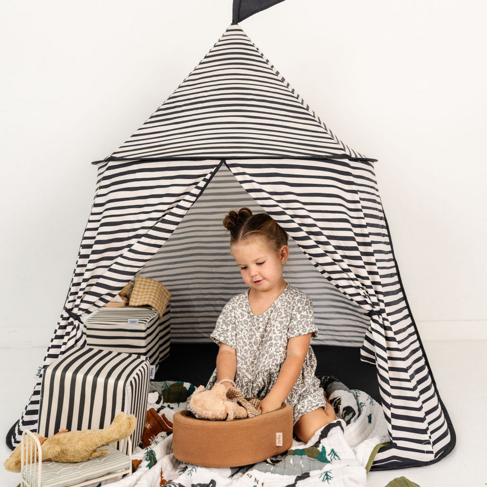 Bold Stripe Play Tent for kids, perfect for indoor and outdoor play, fostering creativity and fun.